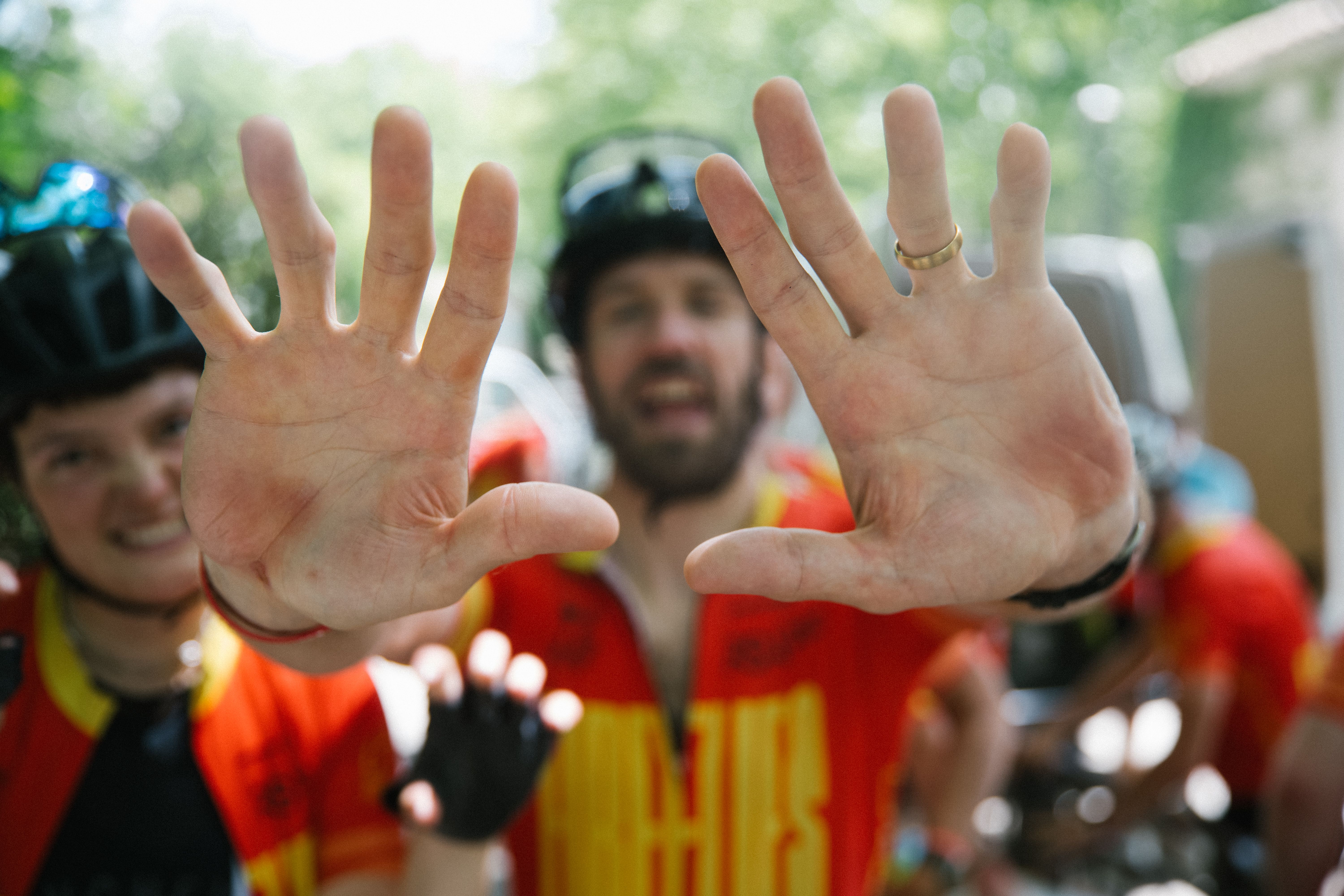 Group of cyclists celebrating